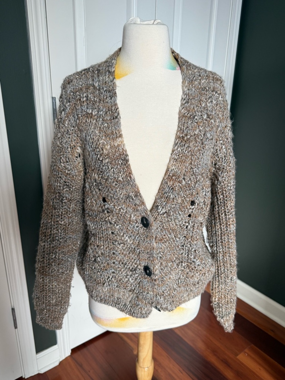 Italian Chunky Knit Button-Up Cardigan in Heathered Brown Size M